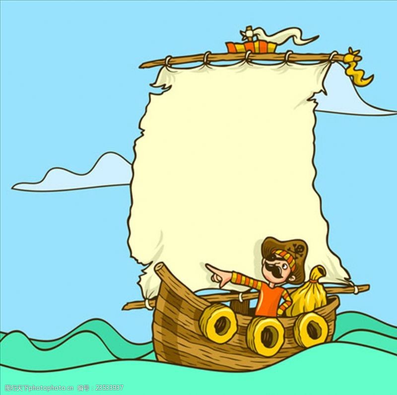 独眼龙卡通海盗船长和他的海盗船