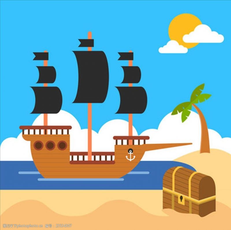 加勒比海报卡通海盗船海滩宝箱插图