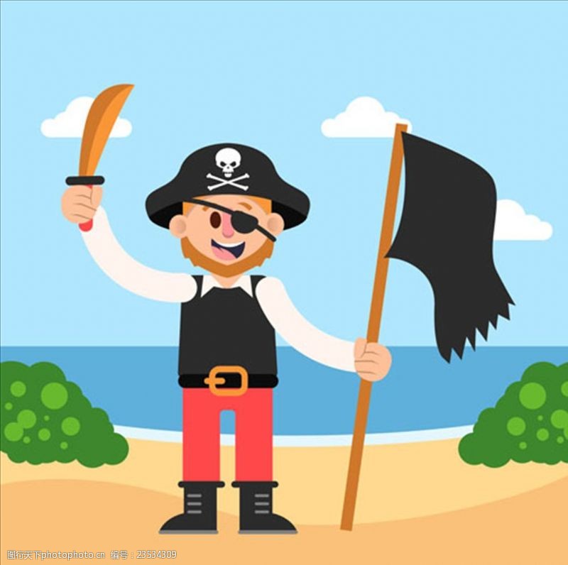 加勒比海报卡通海盗拿旗帜插图