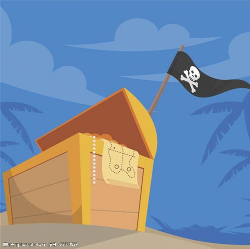 寻宝派对卡通海盗旗帜和宝箱