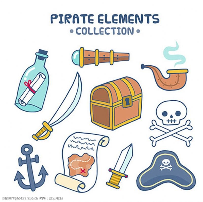 儿童海盗船卡通简笔海盗元素