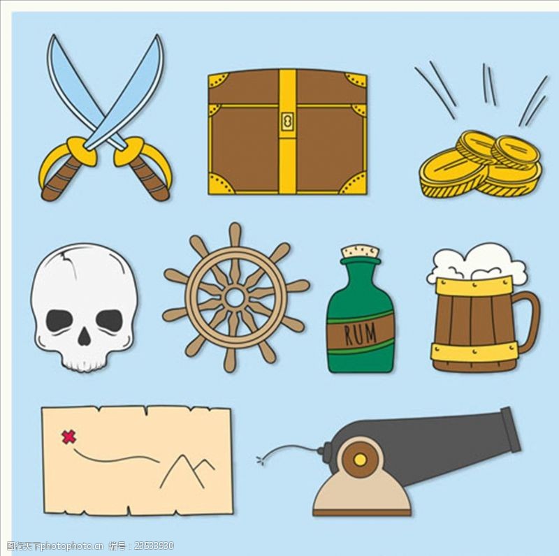 儿童海盗船卡通简笔海盗元素包