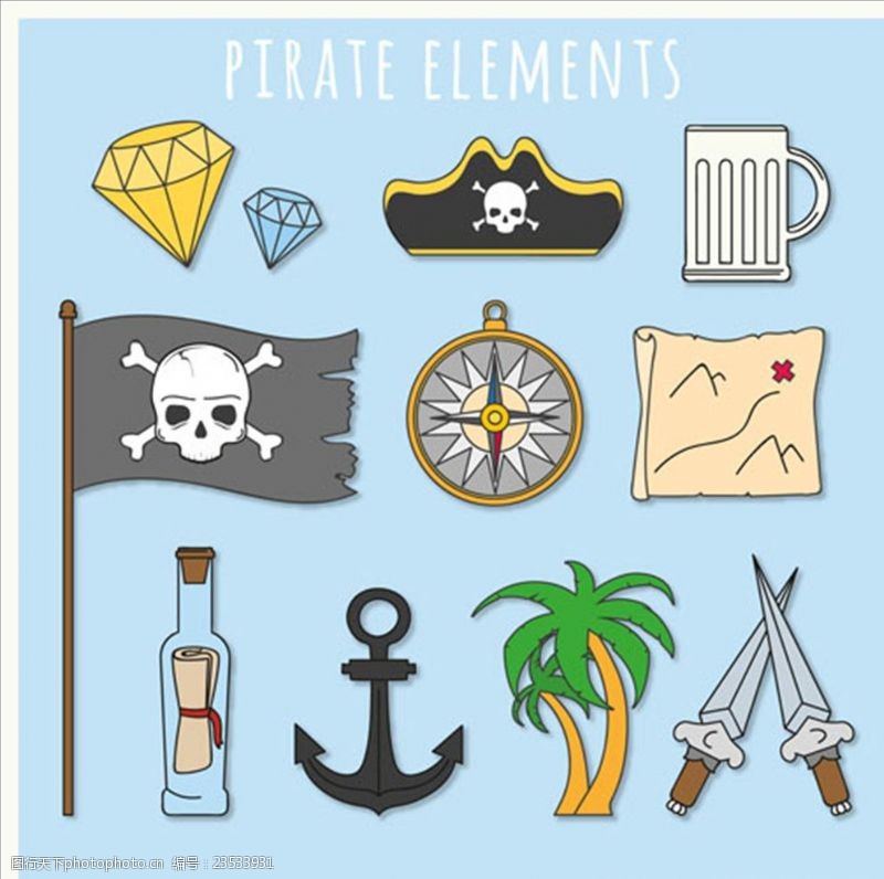 儿童海盗船卡通简笔海盗元素集