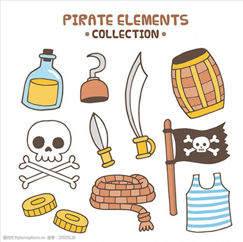 游乐场海盗船卡通简笔海盗元素集合