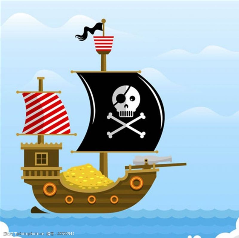 儿童海盗船卡通平面海上的海盗船