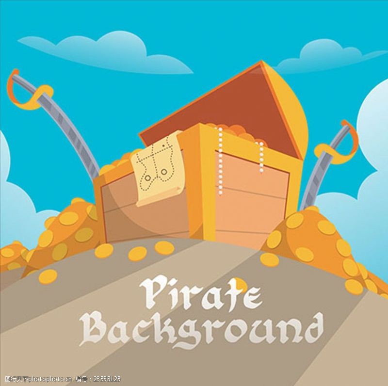 儿童海盗船卡通沙滩金币宝箱插图