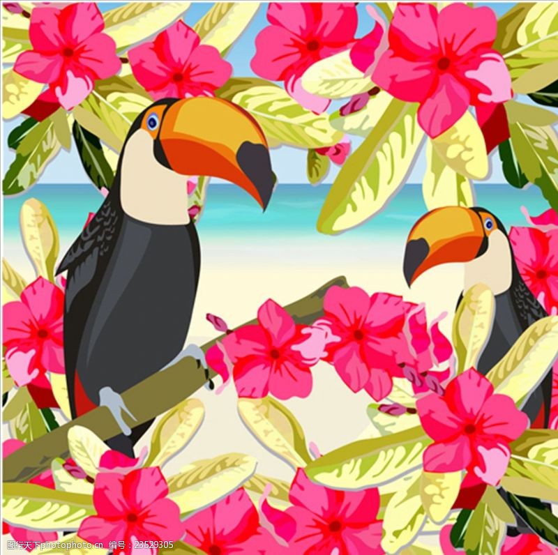 冰淇淋展架卡通夏季热带红花巨嘴鸟插图