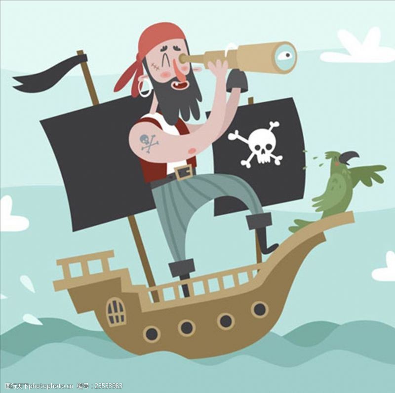 游乐场海盗船卡通用望远镜的海盗