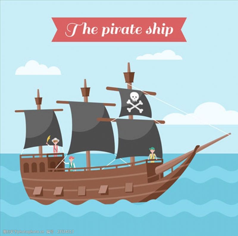 儿童海盗船卡通在海上行驶的海盗船