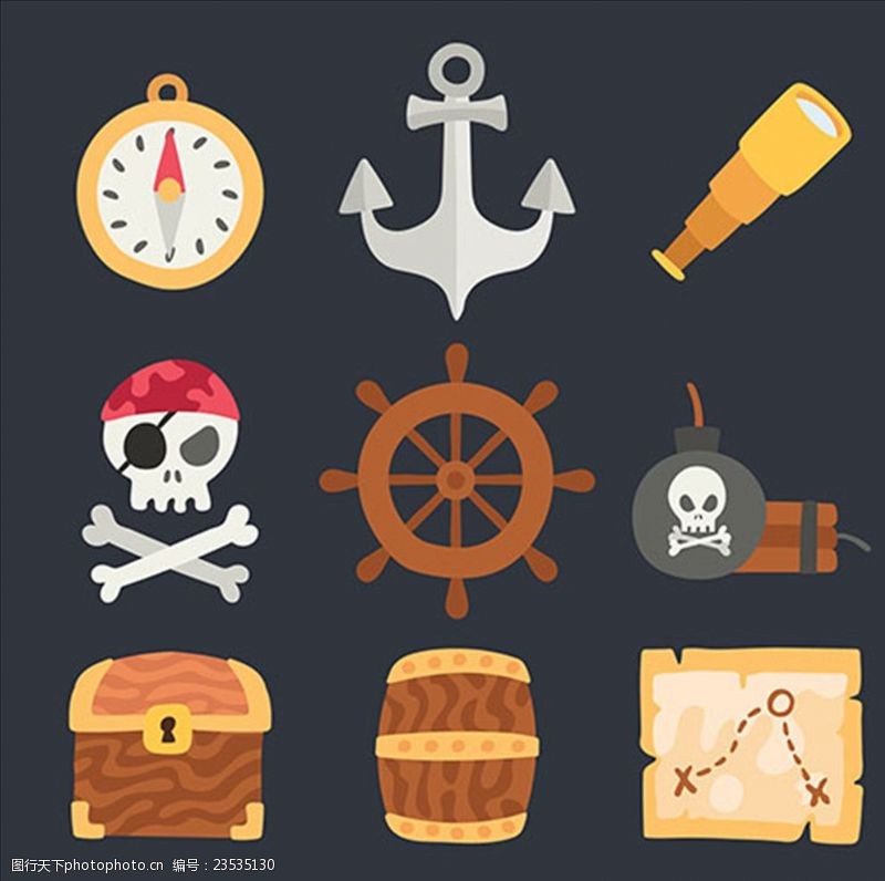 儿童海盗船平面卡通海盗元素集合