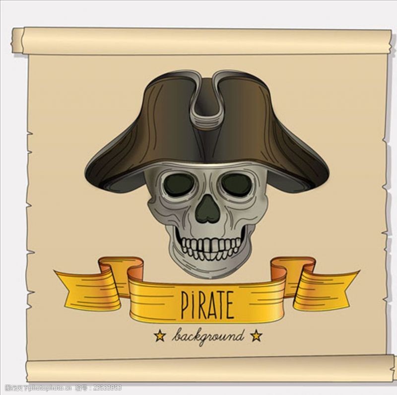 斗帽岛手绘戴着海盗帽的骷髅头骨