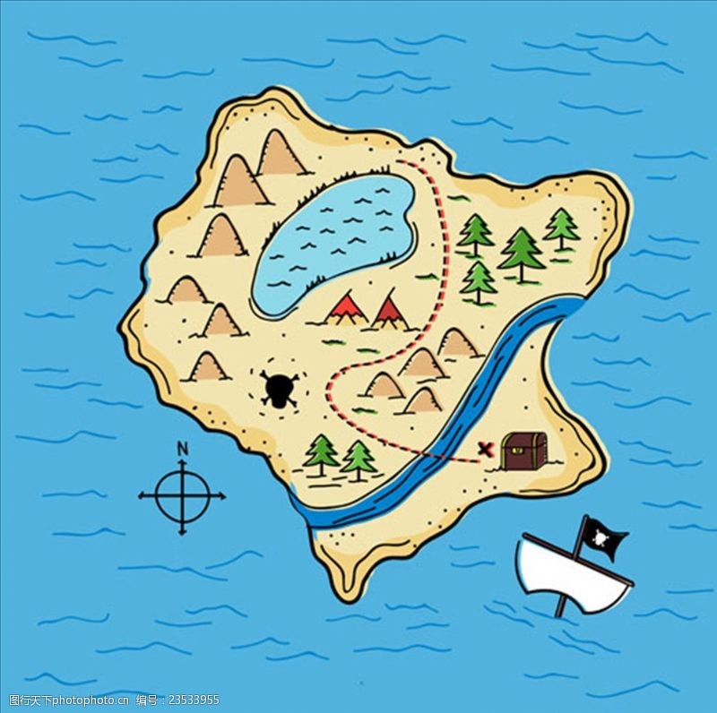 儿童海盗船手绘卡通海盗宝藏地形图