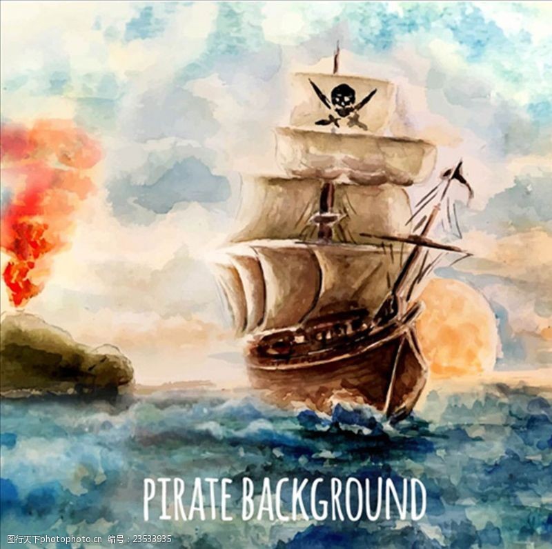 加勒比海报手绘水彩海盗船插图