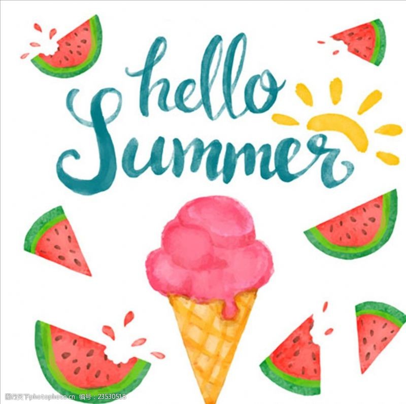 夏季风情矢量素材水彩冰淇淋和西瓜插图