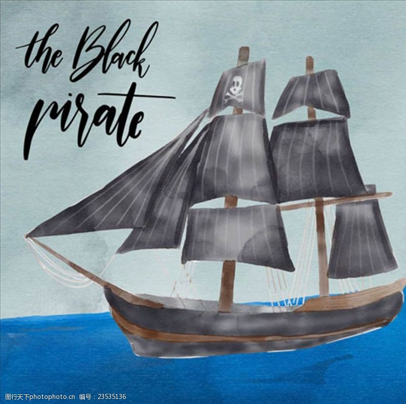 加勒比海报水彩海盗船插图