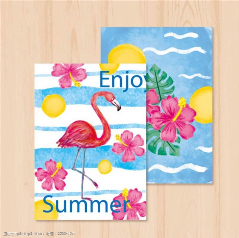 夏季风情矢量素材水彩夏季火烈鸟花卉卡片