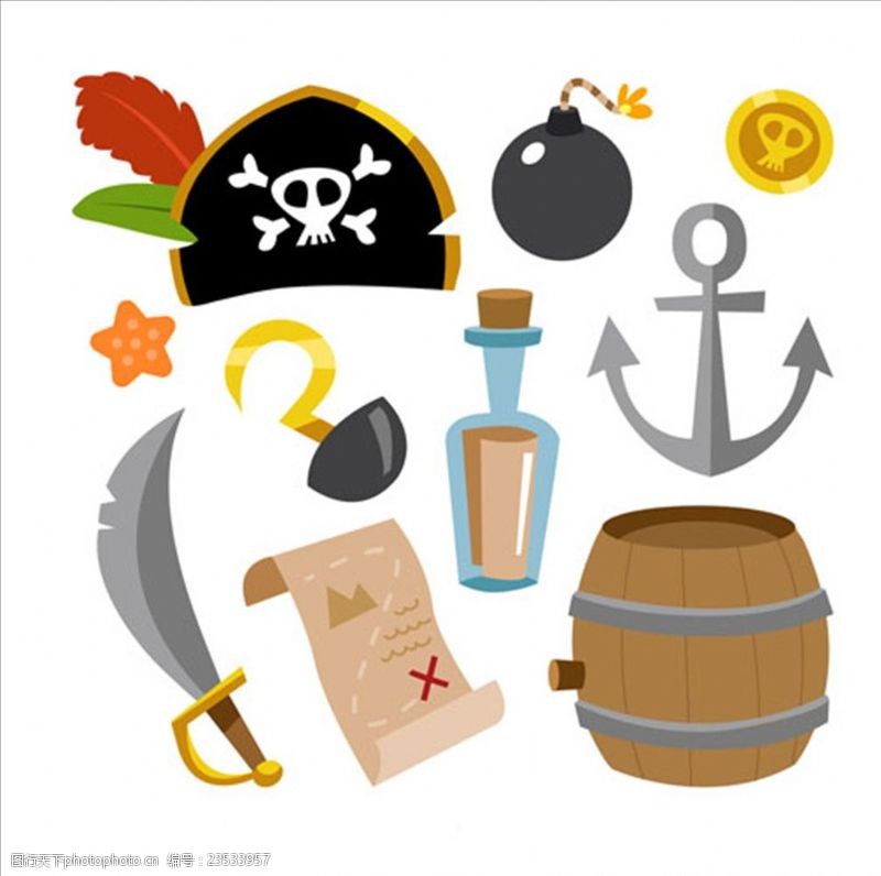 儿童海盗船五彩卡通简笔海盗元素