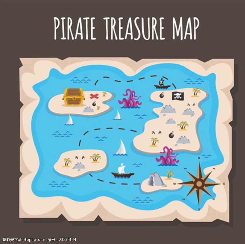 加勒比海报有几个岛屿的海盗宝藏地形图