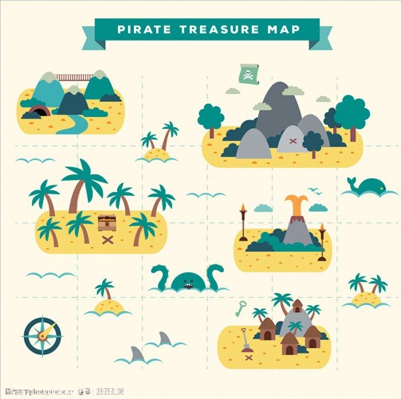 儿童海盗船棕榈树装饰海盗藏宝图