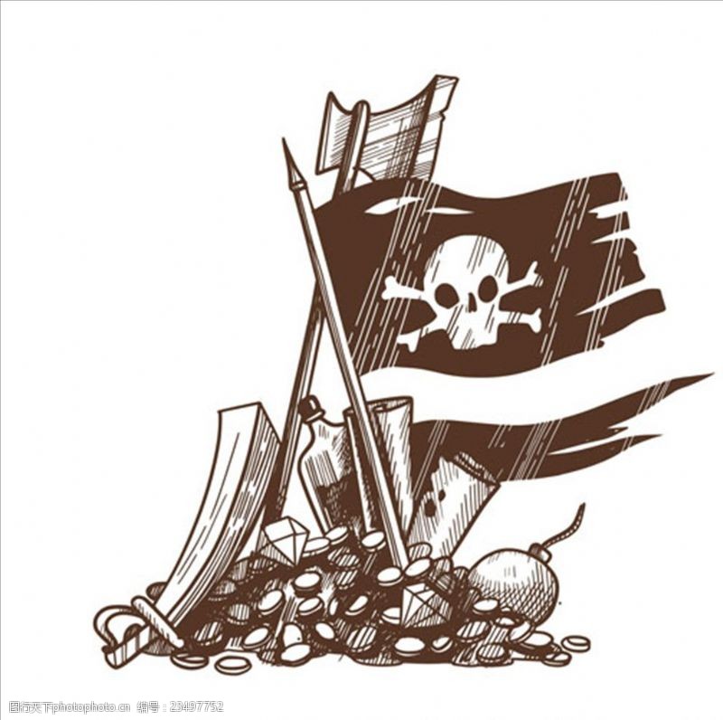 儿童海盗船手画海盗旗和宝藏背景