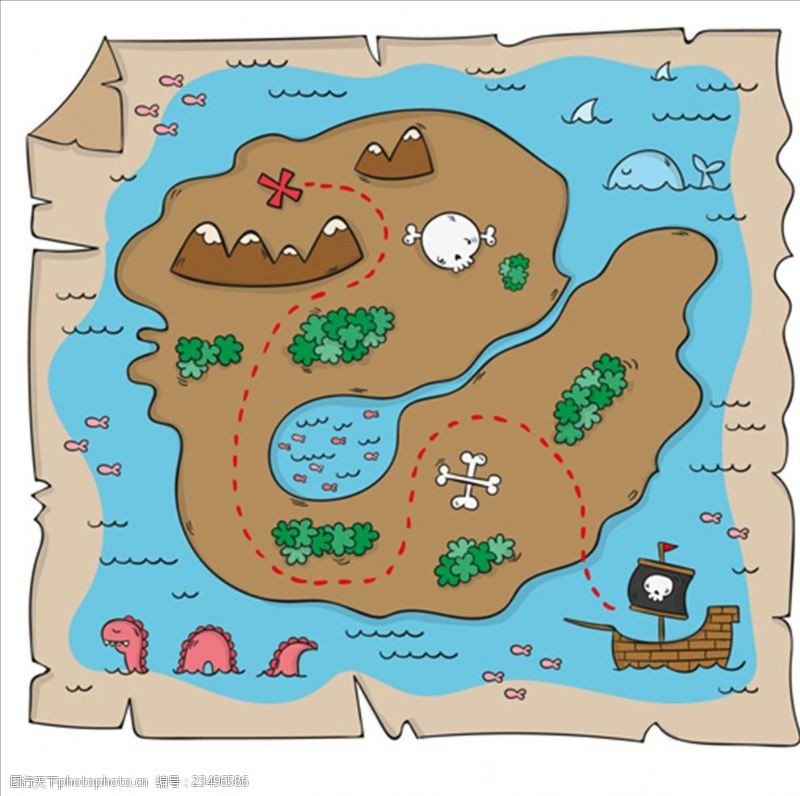 游乐场海盗船手绘金银岛地形图