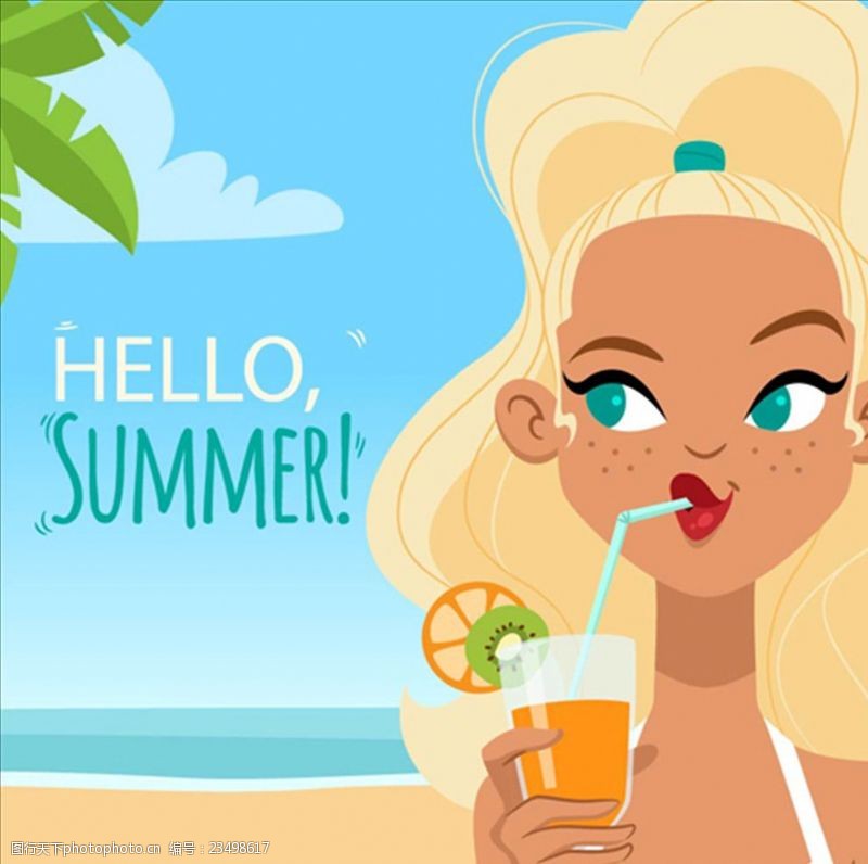夏季风情矢量素材在海滩上喝饮料的女生