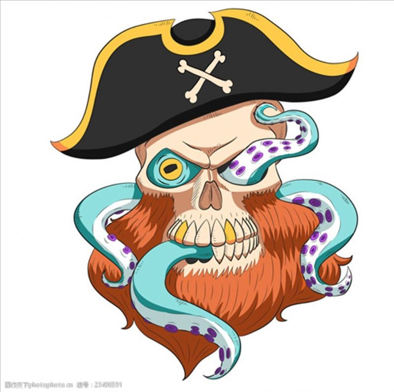 独眼龙章鱼海盗船长骷髅头骨插图