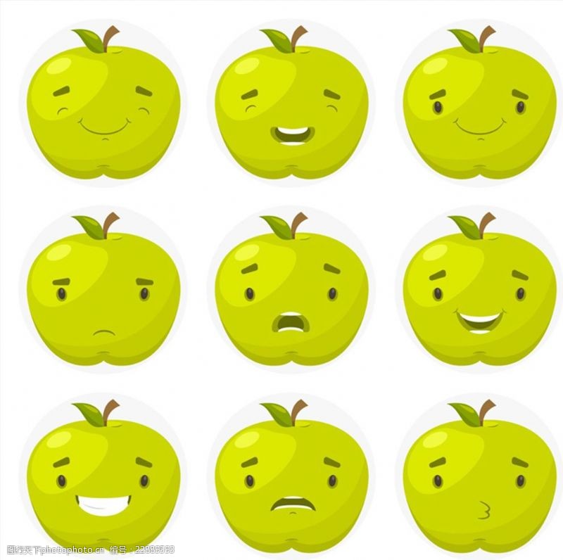 惊讶9款绿色苹果表情矢量素材