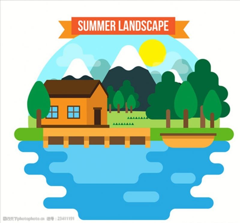 暑假促销扁平化夏季湖边小木屋插图