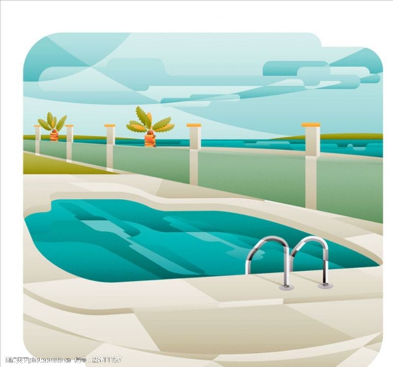 夏季风情矢量素材复古风格游泳池插图