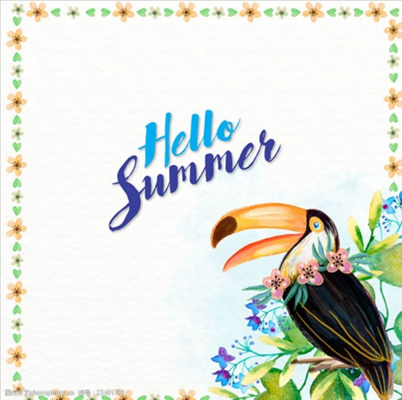 椰子冰淇淋手绘水彩夏日巨嘴鸟花卉框架