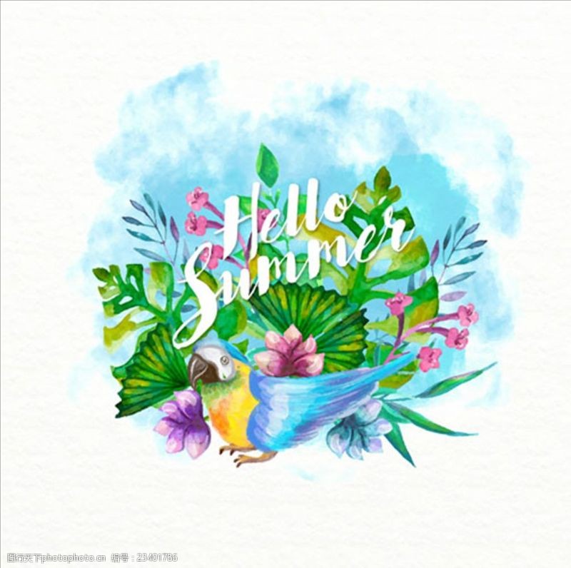 椰子冰淇淋手绘水彩夏日鹦鹉花卉插图
