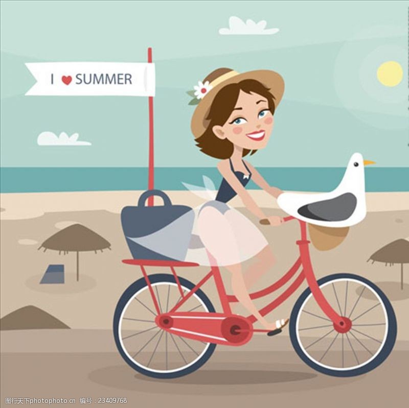 手绘在海滩上骑自行车的女人