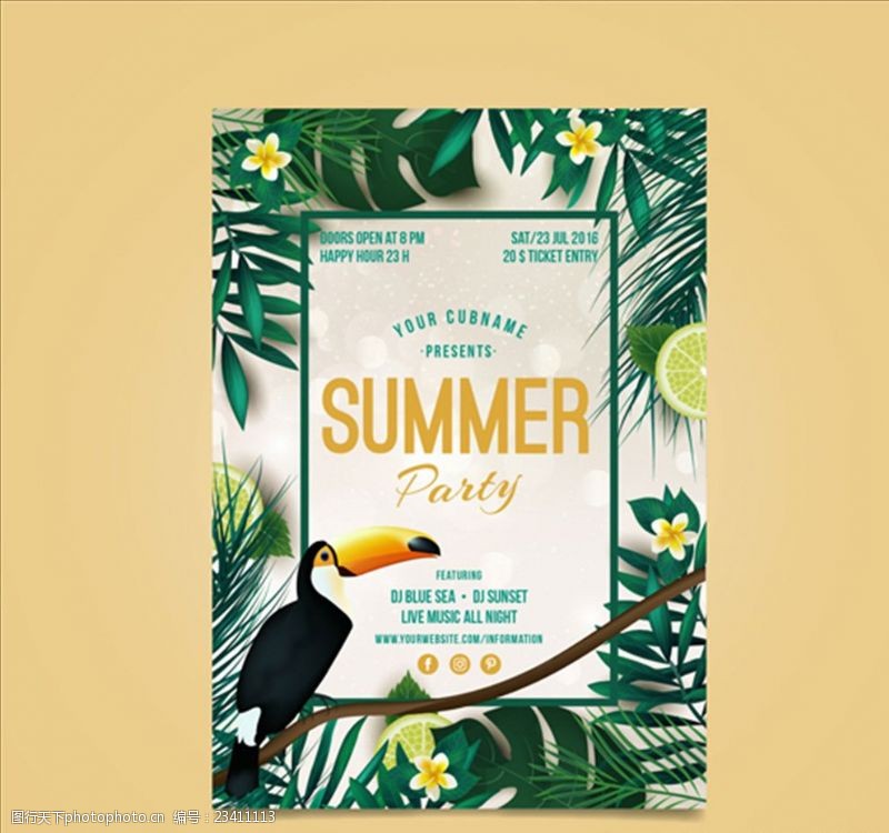 夏季风情矢量素材夏季热带巨嘴鸟派对海报