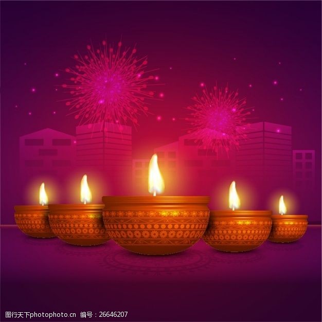 烛火排灯节的背景与燃烧的蜡烛和建筑的轮廓