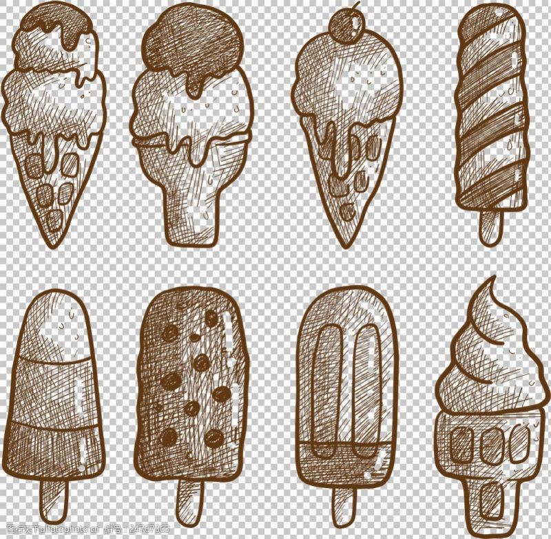 冰激凌插图手绘素描风格冰淇淋免抠png透明图层素材