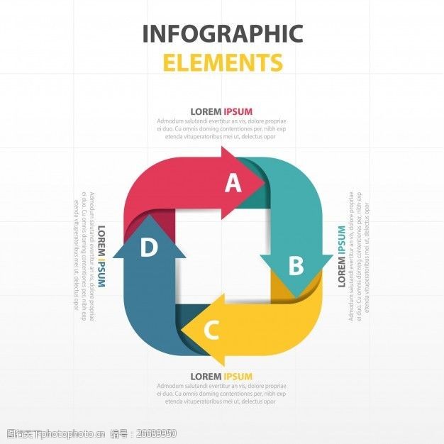业务信息图表在四个不同颜色的箭头图表