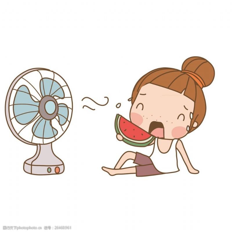 炎热夏季卡通女孩吃西瓜吹风扇元素