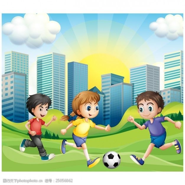 卡通运动员踢足球的孩子