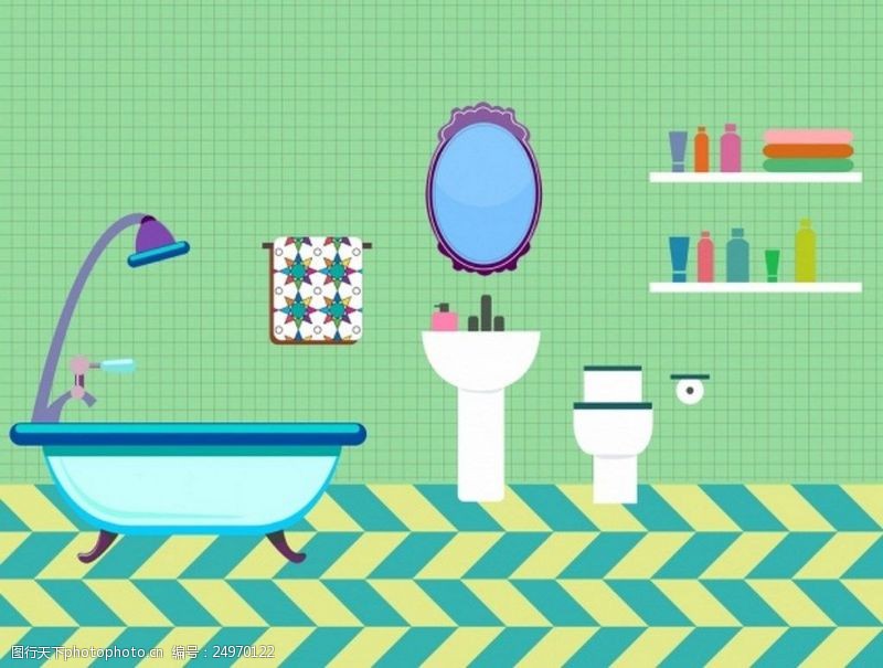 卫浴浴室家具布置彩色图标素描免费矢量