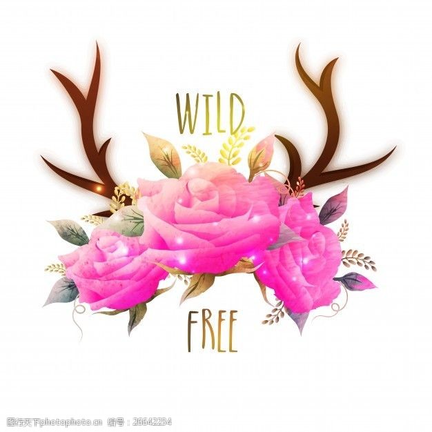 玫红树叶光滑的粉红色的玫瑰花鹿角或鹿角创意的波希米亚风格的插图