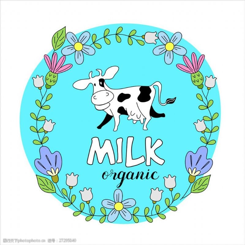 牛奶标签模板下载卡通奶牛花环图片