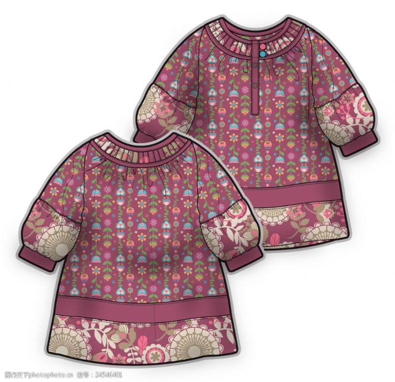 手绘小女孩名族风长袖小女孩服装设计秋冬彩色原稿
