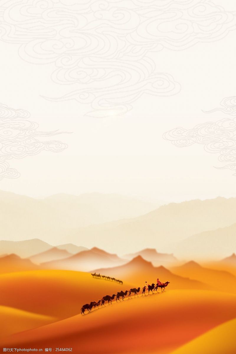 人骑着骆驼成群结队行走在沙漠中