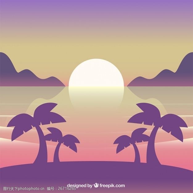 假日风光日落时棕榈树的海滩背景