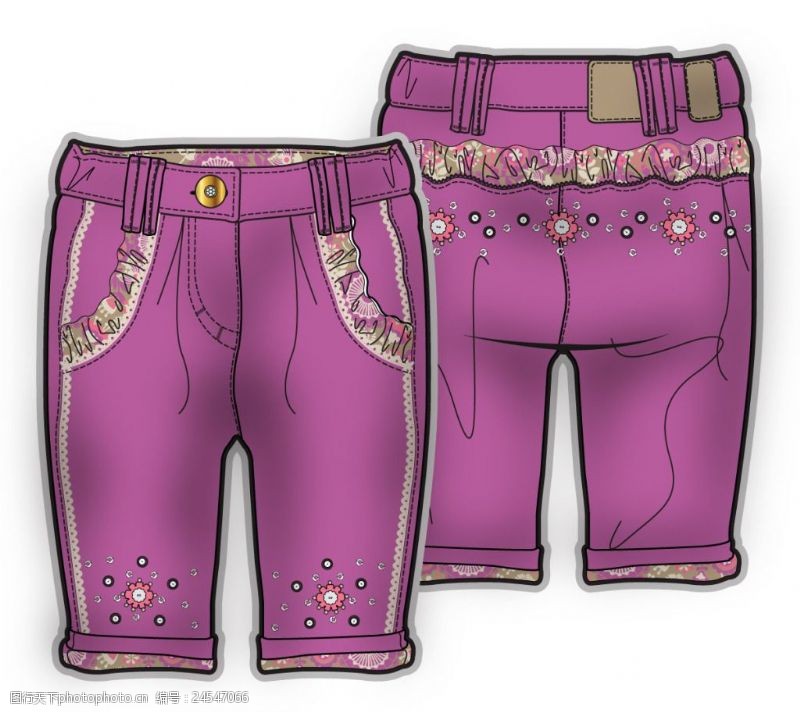 手绘小女孩紫色中裤小女孩服装设计秋冬彩色原稿