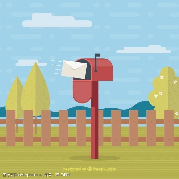 寄信平面设计中的红色信箱景观
