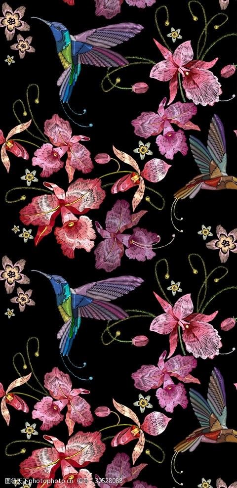 男包植物花朵花卉蜂鸟刺绣底纹矢量图