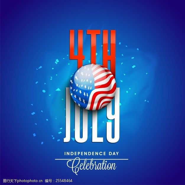红色和白色文本7月4日与美国国旗按钮闪亮的蓝色背景为独立日庆祝活动