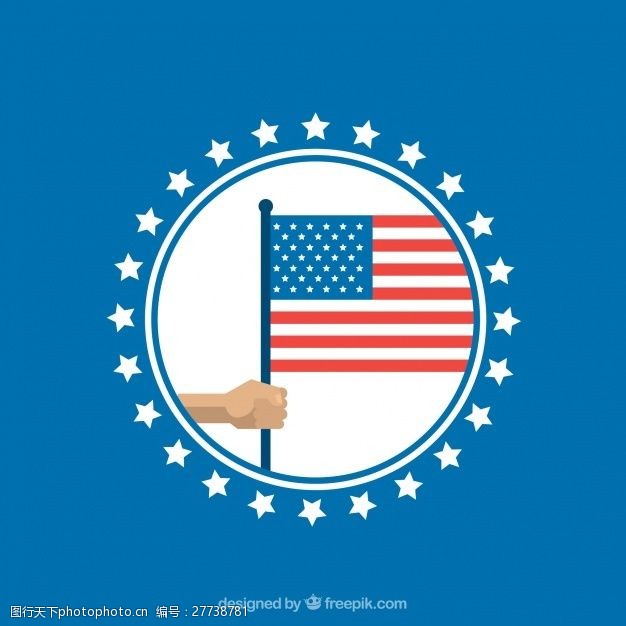 圆形国旗蓝色背景圆形和手持美国国旗
